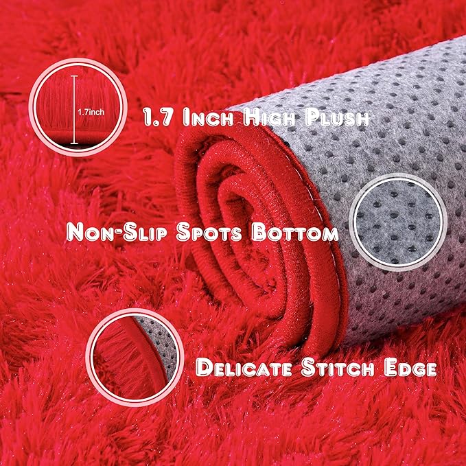 Ultra Fluffy Area Rugs for Living Room Bedroom, 6x9 Fuzzy Large Living Room Rugs, Thick Shag Rug for Dorm, Soft Non Slip Kids Girls Boys Rug for Home Decor Aesthetic, Red