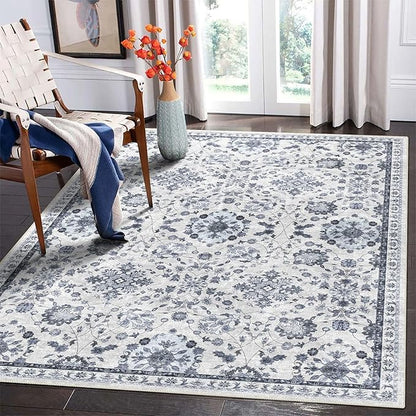 vivorug 5x7 Area Rugs, Stain Resistant Washable Rug for Living Room, Floral Rug Vintage Inspired (Ivory/Blue, 5'x7')