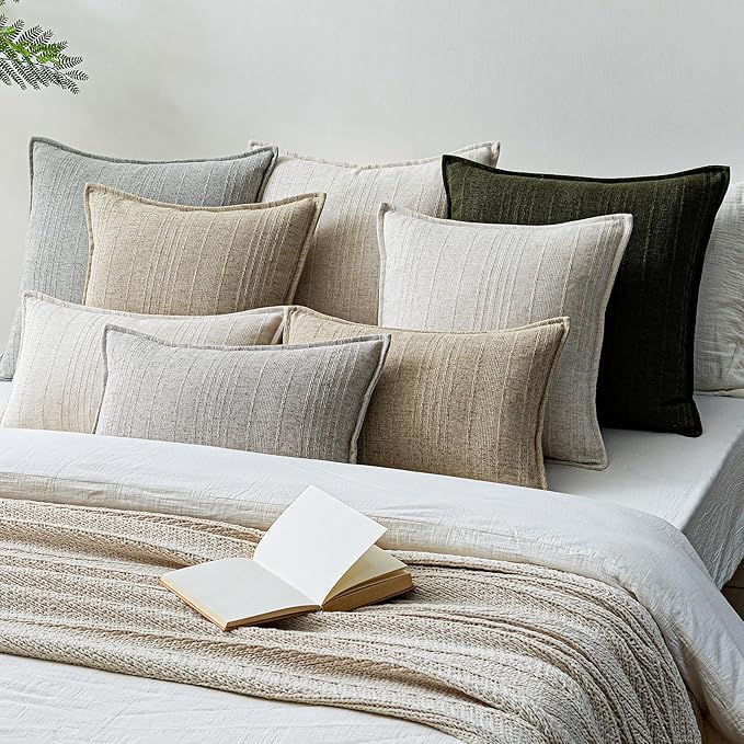 a moment Linen Pillow Covers Set of 2,Boho Farmhouse Throw Pillowcases Neutral Textured Decorative Covers for Couch Sofa,Linen Blend Accent Case Cushion Living Room Home Decor 24"x24"Beige Grey