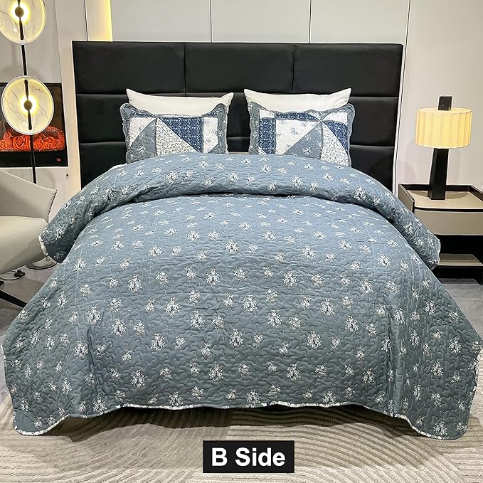 Full Queen Size Patchwork Quilt Set Grey Floral Reversible Quilted Bedspread Coverlet Set 3-Piece Lightweight Comforter Stitched Quilt Bedding Set Bed Sheet Set Cover Blanket with 2 Pillow Shams