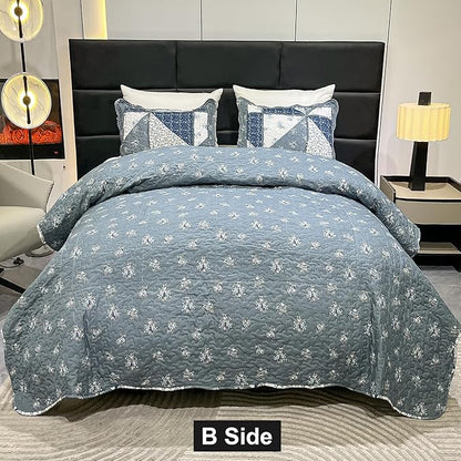 Patchwork Quilt Set King Size Quilted Bedspread Coverlet Set 3-Piece Grey Lightweight Comforter Floral Reversible Stitched Quilt Bedding Set Bed Cover Blanket with 2 Pillow Shams for All Season