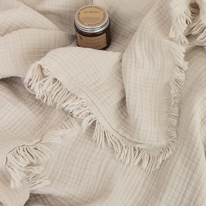 FOSSA Muslin Blanket with Fringe - 4-Layer 100% Cotton Gauze Super Soft & Breathable Throw -Lightweight Decorative Cooling Blanket for Bed, Sofa, Office -Oversize Queen Size 98" × 98" (Beige)