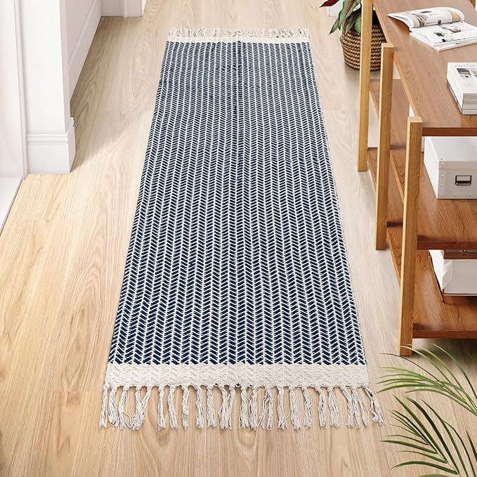 Lahome Boho Kitchen Runner, 2x6 Laundry Room Rug Lightweight Runners for Hallways Washable Runner Rug with Tassels, Farmhouse Cotton Blue Throw Rugs Non Shedding Carpet for Entryway Bathroom