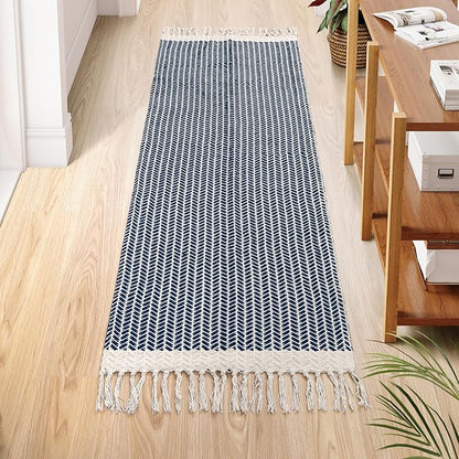 Lahome Boho Kitchen Runner, 2x6 Laundry Room Rug Lightweight Runners for Hallways Washable Runner Rug with Tassels, Farmhouse Cotton Blue Throw Rugs Non Shedding Carpet for Entryway Bathroom