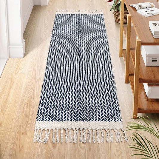 Lahome Boho Kitchen Runner, 2x6 Laundry Room Rug Lightweight Runners for Hallways Washable Runner Rug with Tassels, Farmhouse Cotton Blue Throw Rugs Non Shedding Carpet for Entryway Bathroom