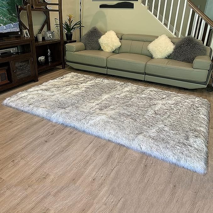 LAMBZY High Pile Super Fluffy Soft Faux Sheepskin Rug | Faux Sheepskin Rugs for Living Room Playroom Bedroom | Classic Super Soft to Touch Rug (6'x9', White/Black Tips)