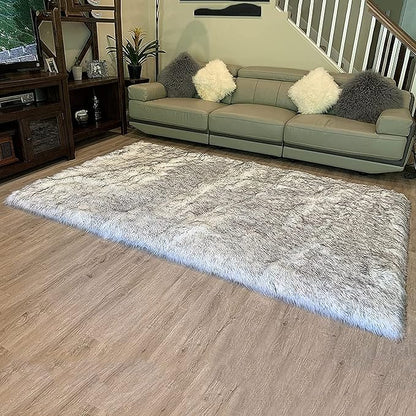LAMBZY High Pile Super Fluffy Soft Faux Sheepskin Rug | Faux Sheepskin Rugs for Living Room Playroom Bedroom | Classic Super Soft to Touch Rug (8'x11', White/Black Tips)
