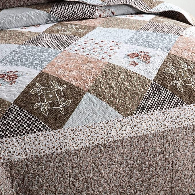 HoneiLife Quilt Set Twin Size - 2 Piece Microfiber Quilts Reversible Bedspreads Patchwork Coverlets Floral Bedding Set All Season Quilts- Splicing Mocha Rose