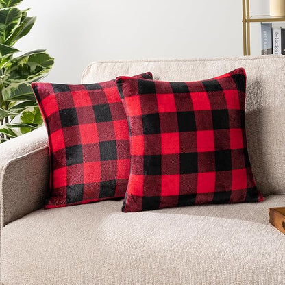 PAVILIA Checker Plaid Throw Pillow Covers 18x18 Set of 2, Decorative Pillow Cases for Bed Sofa Couch, Boho Aesthetic Accent Decor Cushion Bedroom Living Room, Velvet Square Euro Sham Covers, Black Red