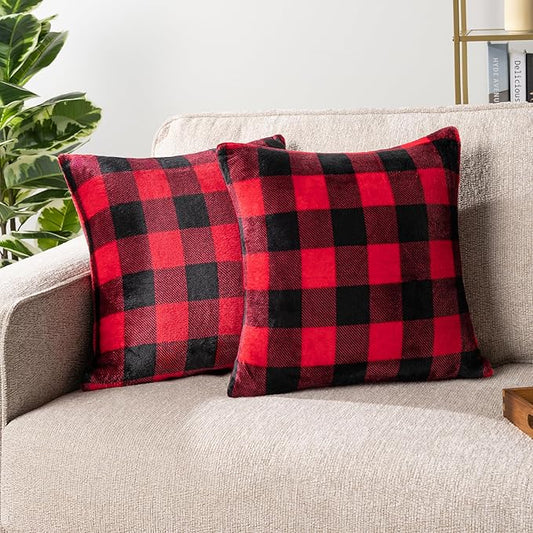 PAVILIA Checker Plaid Throw Pillow Covers 18x18 Set of 2, Decorative Pillow Cases for Bed Sofa Couch, Boho Aesthetic Accent Decor Cushion Bedroom Living Room, Velvet Square Euro Sham Covers, Black Red