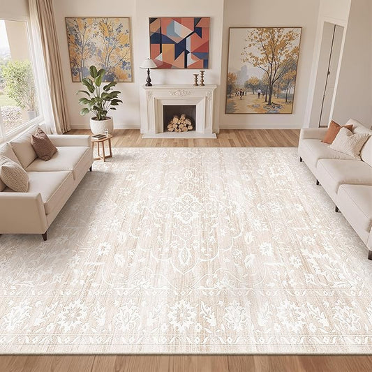 10x14 Area Rugs for Living Room Large Washable Rugs for Bedroom Floral Vintage Non-Slip Thin Area Rug Indoor Home Office Decor Beige