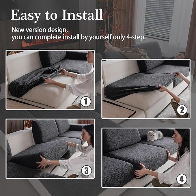 Couch Cushion Covers for Sectional Sofa, Stretch Soft Sofa Slipcovers Washable Wear-Resistant Universal Furniture Protector for Living Room(3 Seaters Covers+1 Chaise Cover, Dark Gray)