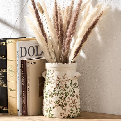 SIDUCAL Ceramic Green and Beige Retro Vase with Two-Ear, 7.6 Inch Ice Cracked Vintage Pastoral Vase, Rustic Farmhouse Vases for Home Decor, Table, Living Room, Shelf Decor, Chinoiserie Decor