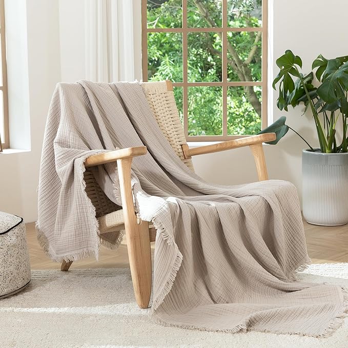 MooMee Muslin Blanket - 100% Cotton 4-Layer Gauze Throw Blanket with All-Around Fringe, Ultra-Soft Breathable Lightweight Cooling Decorative for Bed, Sofa & Couch (Cream Grey,Throw XL 50" x 70")