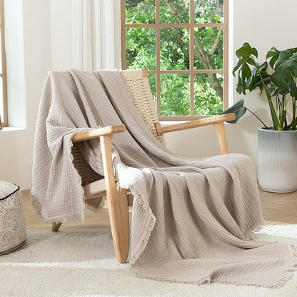 MooMee Muslin Blanket - 100% Cotton 4-Layer Gauze Throw Blanket with Tassels Ultra-Soft Breathable Lightweight Cooling for Bed Couch (Cream Grey,Oversized Queen 98" x 98")