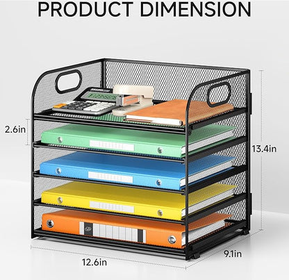 2 Pack 5-Tier Paper Organizer Letter Tray with Handle - Black Mesh Desk Paper Sorter File Organizer for Office, Home or School File Folder Holder