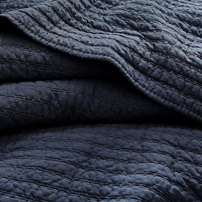 WDCOZY 100% Cotton Queen Size Quilt Set - Navy Blue Striped Pick Stitch Soft Lightweight Bedspread, Textured Like Linen, Farmhouse Country Rustic Coverlet, Shabby Chic Gauze Bedding, 3 Pieces