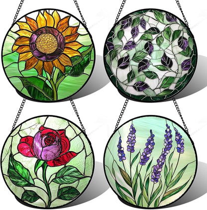 Stained Glass Window Hanging 4 Pcs Set Red Roses Yellow Sunflowers 9.8" - Flower Suncatcher Door Garden Sun Catcher Decor Birthday Mother's Day for Mom Woman Nana Girl
