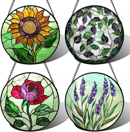Stained Glass Window Hanging 4 Pcs Set Red Roses Yellow Sunflowers 9.8" - Flower Suncatcher Door Garden Sun Catcher Decor Birthday Mother's Day for Mom Woman Nana Girl