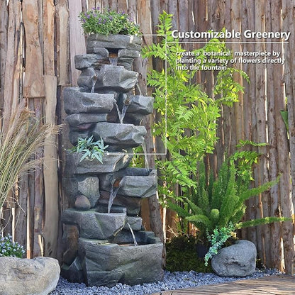 58" H Outdoor Water Fountain with 7 Tiers Large Cascading Realistic Rock Waterfall Fountains with LED Lights Outdoor Water Fountain for Garden Patio Backyard Porch Home Decor