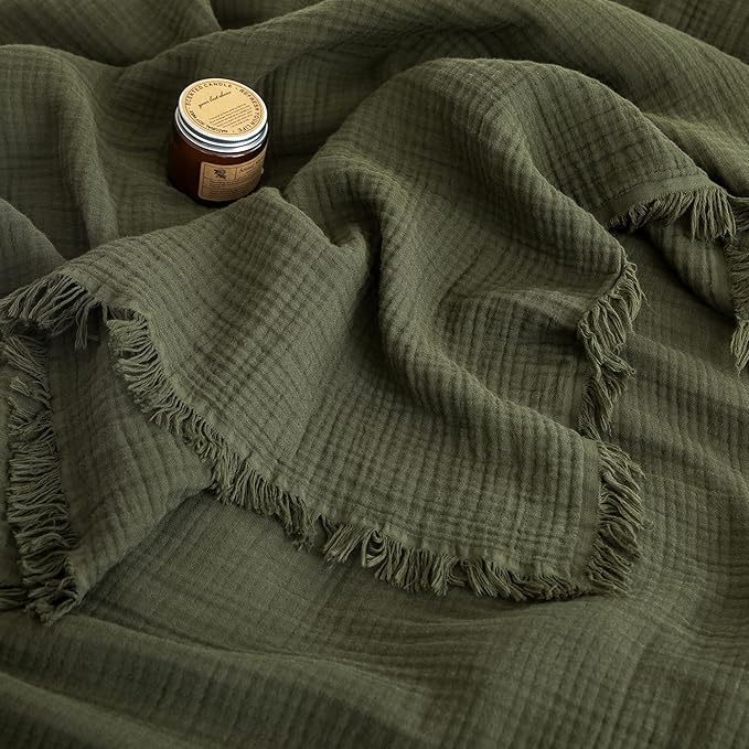 FOSSA Muslin Blanket with Fringe - 4-Layer 100% Cotton Gauze Super Soft & Breathable Throw -Lightweight Decorative Cooling Blanket for Bed, Sofa, Office (Olive Green, King (104" × 90"))