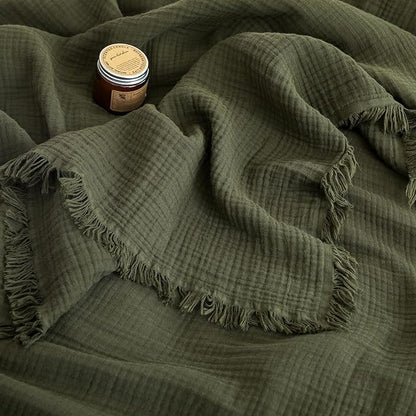 FOSSA Muslin Blanket with Fringe - 4-Layer 100% Cotton Gauze Super Soft & Breathable Throw -Lightweight Decorative Cooling Blanket for Bed, Sofa, Office (Olive Green, King (104" × 90"))
