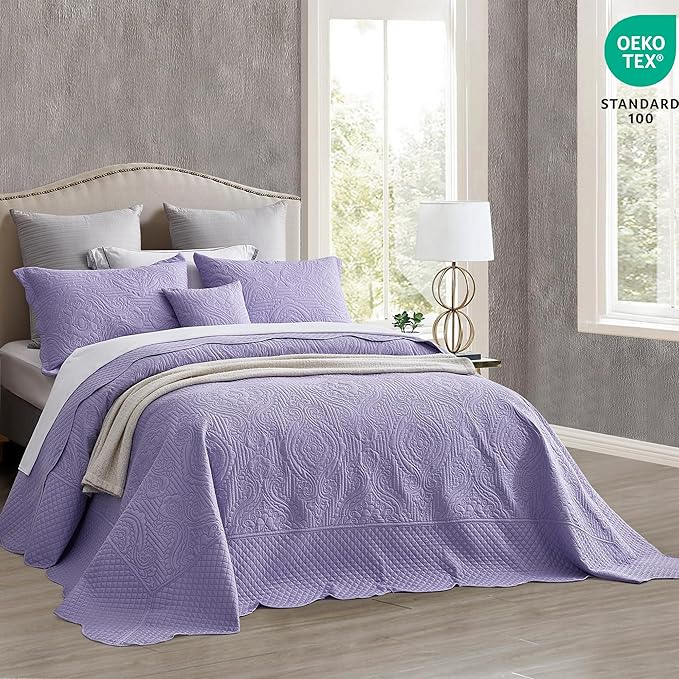 HZ & HY Oversized King Bedspread 128x120 Extra Wide, Ultrasonic Coverlet Bedding Set, Lightweight Thin Comforter, Reversible, 5 Piece, 100% Microfiber, Purple Lavender