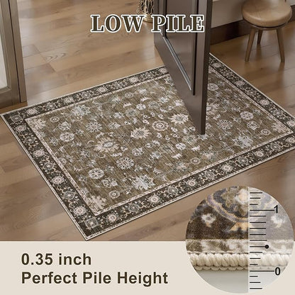 Tangsoo 2x6 Washable Runner Rug for Hallway, Non Slip Boho Vintage Brown Floral Rug Runner for Kitchen Entryway, Distressed Floor Carpet Soft Low Pile Indoor Mat for Bedroom Bathroom Laundry