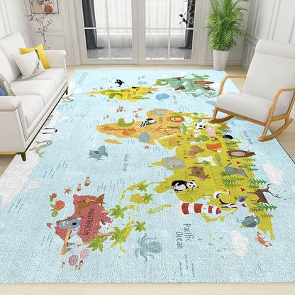Cartoon Color Animal World Map Area Rugs, Animal World Map Print Carpet, Indoor Non-Slip Kids Rugs, Machine Washable Breathable Durable Carpet for Front Entrance Floor Decor,6 x 9ft