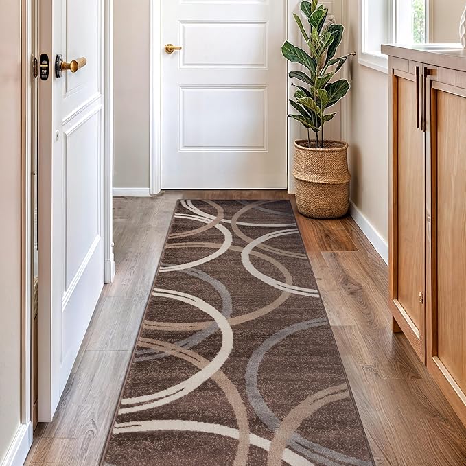 Rugshop Modern Wavy Circles Design Runner Rug, Carpet with Jute Backing for Hallway, Entryway, or Kitchen, Brown, 2'7" x 8'