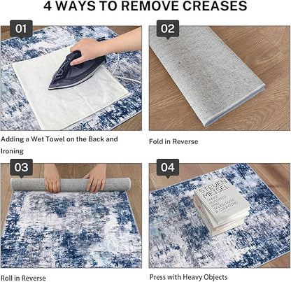 Modern Abstract Runner Rug for Bedroom 2x7, Grey Navy Blue Multi Washable Kitchen Runner, Non-Slip Soft Thin Faux Wool Mat for Entryway, Hallway, Laundry Room Indoor