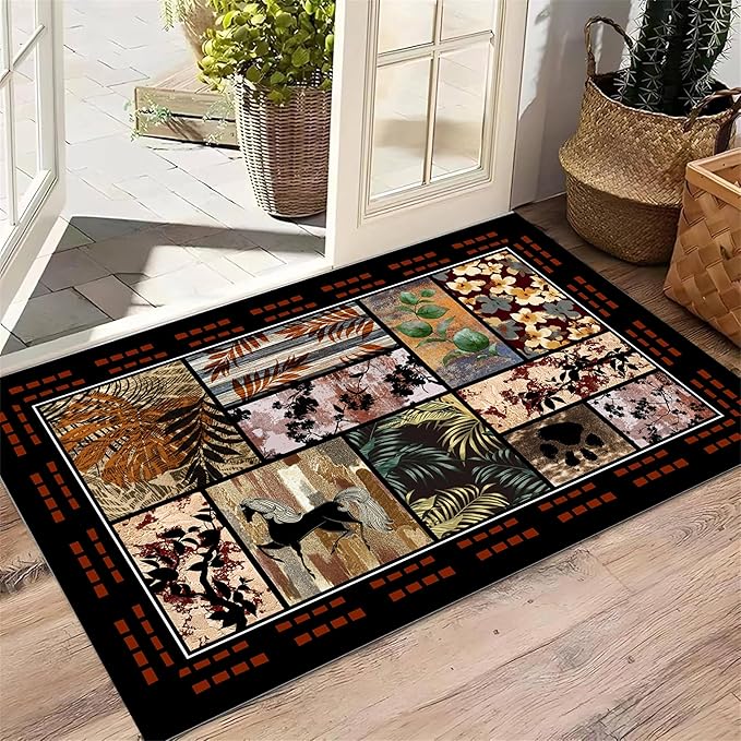 Rustic Cabin Rug 4x6 with Nature Animals & Moroccan Lattice, Vintage Boho Low Pile Carpet, Stain-Resistant Pet-Friendly & Non-Slip for Living Room, Bedroom, Dining Room