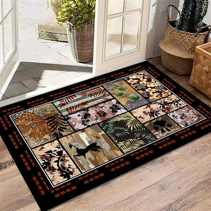 Rustic Cabin Rug 4x6 with Nature Animals & Moroccan Lattice, Vintage Boho Low Pile Carpet, Stain-Resistant Pet-Friendly & Non-Slip for Living Room, Bedroom, Dining Room