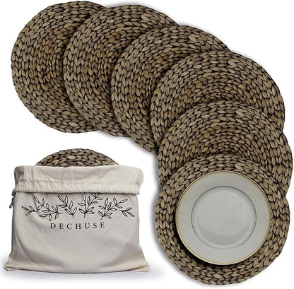 Round Woven Placemats Set of 6 (14 Inch) with Canvas Bag – Handwoven Water Hyacinth Table Mats, Boho Farmhouse Dining Decor, Heat Resistant Wicker Chargers by DECHUSE