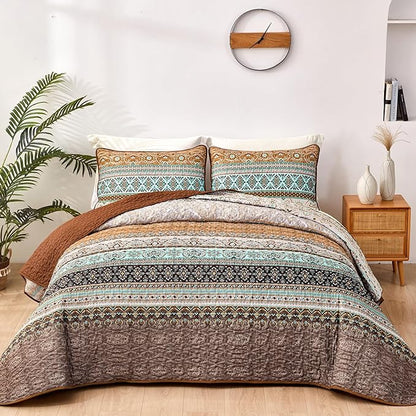 WONGS BEDDING Boho Fall Quilt Set Full, Brown Bohemian Quilt Bedding Set, Ultra Soft Lightweight Bedspread for All Season Reversible Microfiber Coverlet Bedding Set 90"x78"(3 Pieces)