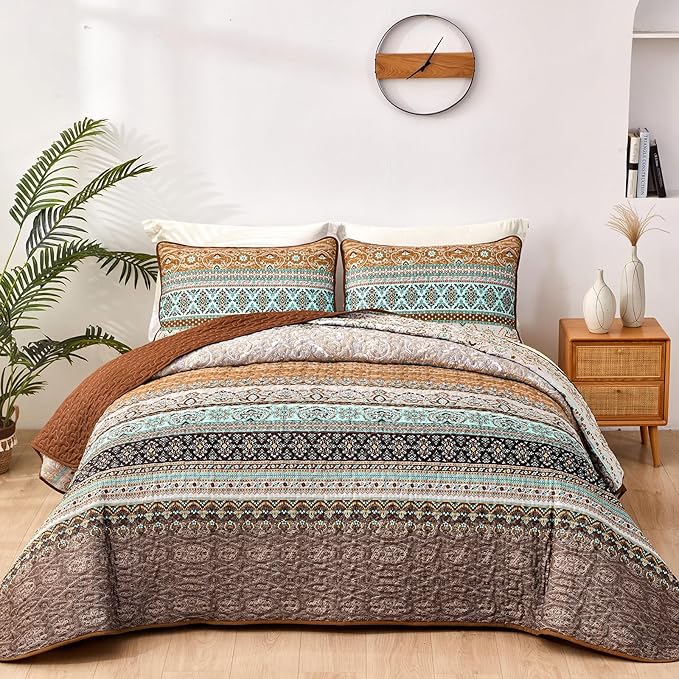 WONGS BEDDING Boho Fall Quilt Set Twin, Brown Bohemian Quilt Bedding Set, Ultra Soft Lightweight Bedspread for All Season Reversible Microfiber Coverlet Bedding Set 68"x86"(3 Pieces)