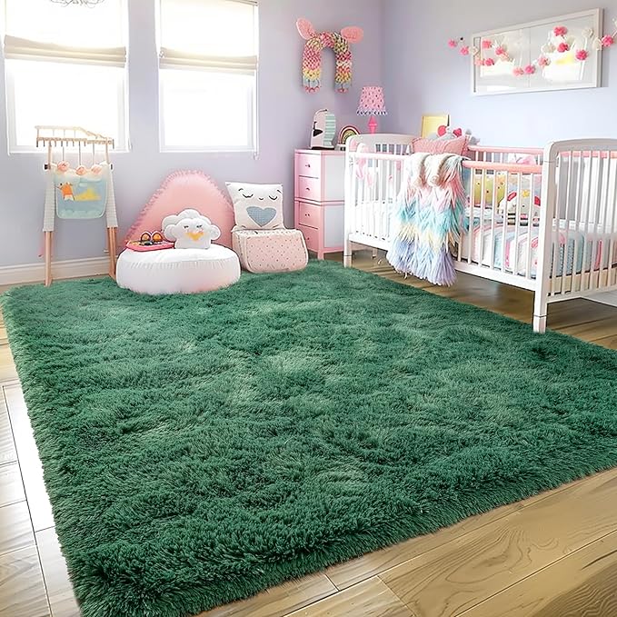 Super Fluffy Rug for Bedroom, 4x6 Shag Fuzzy Area Rug for Living Room Bedroom, Plush Soft Carpet for Girls Boys Kids, Non Slip Throw Rugs for Dorm, Modern Home Decor Aesthetic, Dark Green