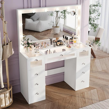 Makeup Vanity Desk with LED Lights and Large 36.9’’ Mirror, 9 Drawers Vanity with Glass Top & 3 Color Hollywood Bulbs, Make Up Vanity with Charging Station & Crystal Knobs for Woman, White