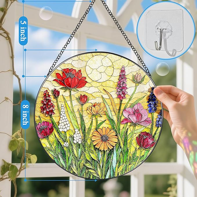 Stained Glass Window Hanging, 8 Inch Wildflower Stained Glass Suncatcher, Colorful Floral Window Hanging, Home Decor for Windows, Flower Lover Gifts, Garden Lover Gift, Gifts for Women, Mom, Grandma