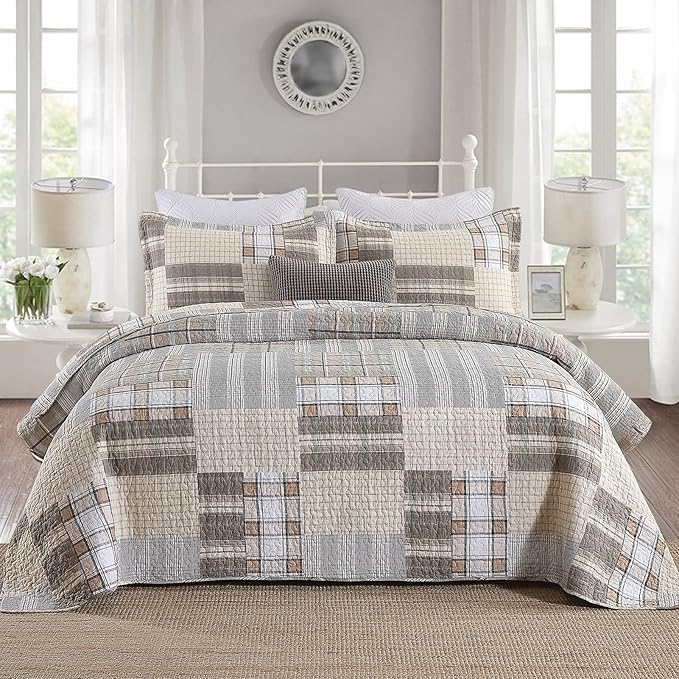 Quilts Queen Size - Queen Quilted Bedspread Sets, 100% Cotton Patchwork Quilt Bedding Set for Queen Bed, 3 Pieces Plaid Farmhouse Reversible Rustic Lightweight Comforter