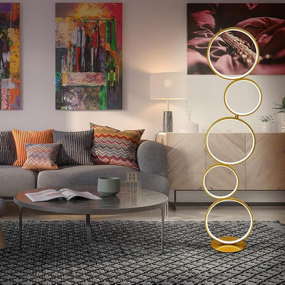 COSYLUX LED Modern Floor Lamp for Bedroom, 3 Way Bright Dimmable Corner Floor lamp with 5-Ring 2-in-1 Standing Tall End Table Lamp for Living Room & Office Reading Light, 3260LM, 6000K, Gold.