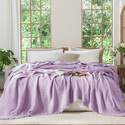 MooMee Muslin Blanket - 100% Cotton 4-Layer Gauze Throw Blanket with Tassels Ultra-Soft Breathable Lightweight Cooling for Bed Couch (Light Purple,Oversize Queen 98" x 98")