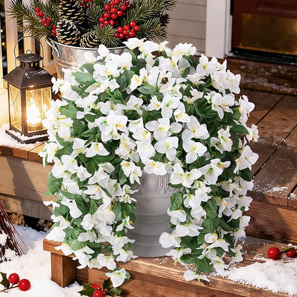 Faux Bougainvillea Artificial Flowers Plants for Outdoors Outside Decoration, 2 PCS White Fake Flowers UV Resistant Look Real Silk Long Trailing Vines for Front Door Porch Planter Patio Garden Yard