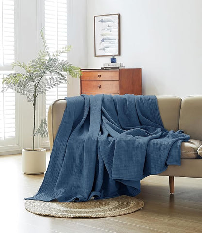 100% Cotton Muslin Throw XL Blanket (50" x 70") – A Luxuriously Soft, 4-Layer Lightweight and Breathable Gauze Blanket, Perfect for Year-Round use on beds, couches (Pacific Blue, Throw XL)