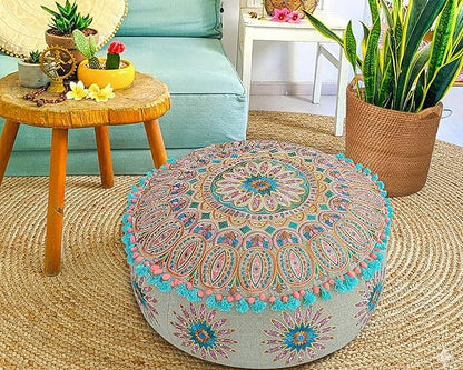 Mandala Life ART Moroccan Large Floor Pillow Cover with Tassels and Ponpon Bedroom Décor Round Pouf Ottoman Boho Chic Seating Area Beanbag Footstool Stool Cotton 24x8 Unstuffed