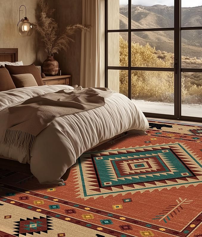 Cabin Rug 4x5 - Bear Southwestern Aztec Area Rugs for Bedroom Living Room, Rustic Western Machine Washable | Non-Slip | Soft Carpets, Native American Room Decor (Orange Tan Black)