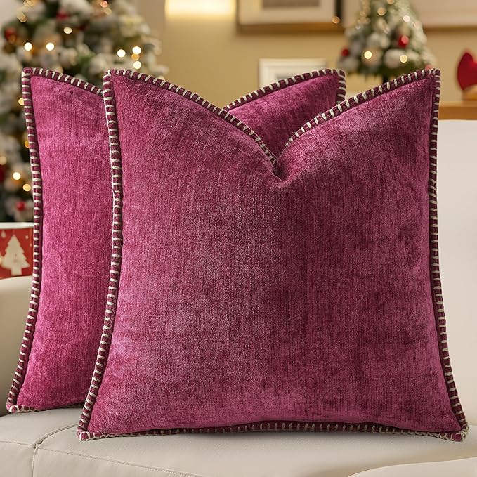 decorUhome Spring Chenille Soft Throw Pillow Covers 16x16 Set of 2, Farmhouse Velvet Neutral Decorative Pillow Covers with Stitched Edge for Couch Sofa Bed Home Decor, Rhododendron