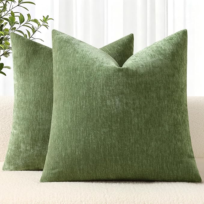 decorUhome Chenille Olive Green Throw Pillow Covers 26x26 Inch Set of 2, Decorative Soft Couch Pillow Covers Solid Dyed Accent Velvet Farmhouse Neutral Square Pillow Cases for Sofa Bed Living Room