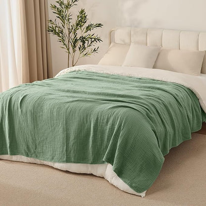 100% Cotton Muslin Blanket Queen Size 90" x 90" for Bed Couch Summer Gauze Blanket for Adults Lightweight and Breathable Dark Green