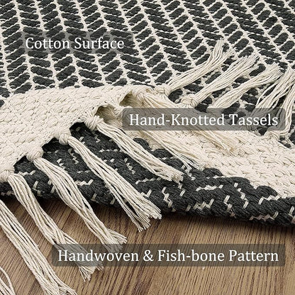 Lahome Boho Hallway Runner Rug, 2x7 Kitchen Runners Rug Washable Bath Rugs for Bathroom Woven Cotton with Tassels, Farmhouse Carpet Non Shedding Grey Rugs for Bedroom Laundry